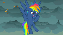 Size: 600x338 | Tagged: safe, derpibooru import, screencap, rainbow dash, pegasus, pony, secrets and pies, adorapiehater, animated, cloud, cloudy, cute, dramatic, evil, evil laugh, evil pie hater dash, gif, laughing, nightmare, nose in the air, pure unfiltered evil, reaction image, sharp teeth, solo, teeth, volumetric mouth, zoom