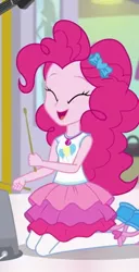Size: 353x690 | Tagged: safe, derpibooru import, screencap, pinkie pie, a fine line, equestria girls, equestria girls series, bucket, clothes, cropped, cute, diapinkes, drumsticks, eyes closed, female, geode of sugar bombs, happy, kneeling, open mouth, pantyhose, skirt, smiling, solo