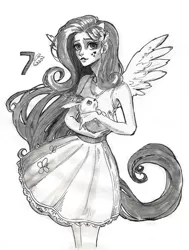 Size: 900x1192 | Tagged: safe, artist:yioshka, derpibooru import, angel bunny, fluttershy, equestria girls, monochrome, ponied up, traditional art