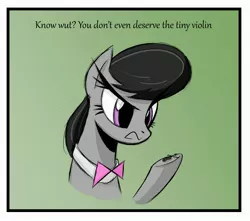 Size: 3120x2760 | Tagged: safe, anonymous artist, derpibooru import, octavia melody, earth pony, pony, /mlp/, 4chan, bowtie, drawthread, female, funny, mare, neo yokio, octavia is not amused, simple background, solo, unamused, world's smallest violin