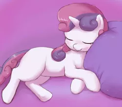 Size: 800x700 | Tagged: safe, artist:bauru, derpibooru import, sweetie belle, pony, unicorn, blank flank, blushing, cute, diasweetes, eyes closed, female, filly, gradient background, lying down, pillow, pink background, prone, side, simple background, sleeping, smiling, solo