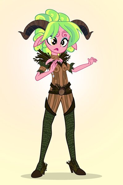 Size: 665x1000 | Tagged: safe, artist:pixelkitties, derpibooru import, lemon zest, equestria girls, clothes, costume, female, floppy ears, gradient background, guillermo del toro, halloween, holiday, horns, horror, pan (god), pan's labyrinth, parody, solo