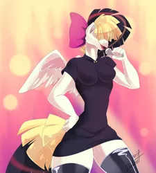 Size: 1152x1280 | Tagged: anthro, artist:zuberit, breasts, busty songbird serenade, clothes, derpibooru import, female, lipstick, microphone, my little pony: the movie, signature, singing, socks, solo, songbird serenade, suggestive, sweater dress, thigh highs