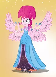 Size: 733x1000 | Tagged: safe, artist:pixelkitties, derpibooru import, pinkie pie, equestria girls, angel of death, clothes, costume, female, gradient background, guillermo del toro, halloween, hellboy, holiday, horror, parody, solo, the horror, wings