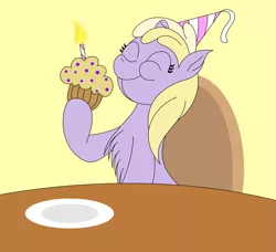 Size: 2952x2688 | Tagged: artist:dinkyuniverse, birthday, chair, chest fluff, derpibooru import, dinky hooves, eating, female, filly, food, happy, happy birthday, hat, muffin, party, party hat, plate, safe, table