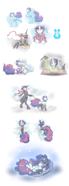 Size: 1650x4467 | Tagged: anthro, anthro ponidox, artist:helixjack, bell, boots, catsuit, clothes, collar, comic, cuddling, cute, cutie mark, derpibooru import, dress, fangs, furry, inflatable, latex, latex boots, latex dress, leash, maid, missing cutie mark, nose to nose, oc, oc:mew, oc:stripe shine, one-piece swimsuit, plantigrade anthro, princess luna, rubber, shiny, shoes, sketch, sketch dump, slit eyes, snuggling, socks, spooning, suggestive, swimsuit, underhoof