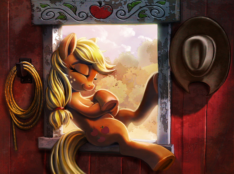 Size: 1600x1188 | Tagged: safe, artist:harwick, derpibooru import, applejack, pony, applejack appreciation day, barn, blonde, blonde hair, blonde tail, cowboy hat, cutie mark, eyes closed, female, freckles, hat, lasso, mare, nap, rope, sleeping, smiling, solo, stetson, underhoof