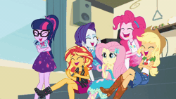Size: 800x450 | Tagged: safe, derpibooru import, screencap, applejack, fluttershy, pinkie pie, rarity, sci-twi, sunset shimmer, twilight sparkle, equestria girls, equestria girls series, overpowered (equestria girls), animated, embarrassed, facepalm, geode of empathy, geode of fauna, geode of shielding, geode of sugar bombs, geode of telekinesis, gif, laughing, laughingmares.jpg, ponytail, reaction image