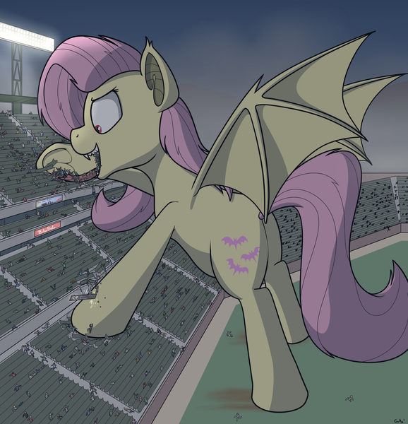 Size: 1858x1930 | Tagged: semi-grimdark, artist:rapidstrike, derpibooru import, part of a set, fluttershy, bat pony, human, pony, series:giant flutterbat, blood, destruction, fangs, female, fetish, flutterbat, flutterbutt, flutterpred, giant pony, glare, imminent vore, loss (meme), macro, mare, mass vore, night, open mouth, part of a series, people, plot, ponies eating humans, race swap, sharp teeth, smiling, smirk, spread wings, stadium, teeth, tongue out, underhoof, vore, wings