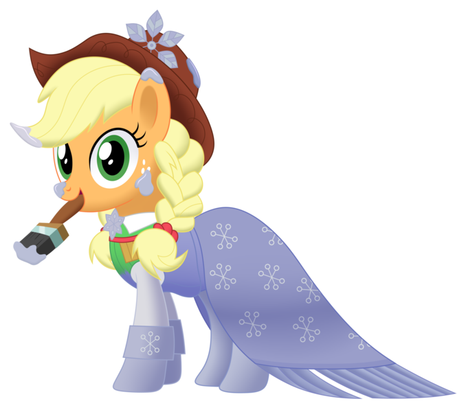 Size: 2652x2346 | Tagged: safe, artist:mirrorcrescent, derpibooru import, applejack, spirit of hearth's warming past, earth pony, pony, a hearth's warming tail, clothes, costume, cowboy hat, dress, female, hat, high res, looking at you, mare, paint, paint on fur, paintbrush, simple background, solo, transparent background