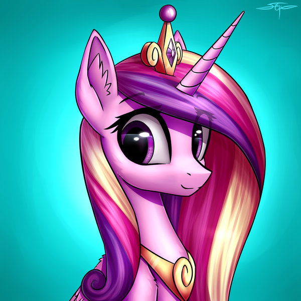 Size: 3000x3000 | Tagged: safe, artist:setharu, derpibooru import, princess cadance, alicorn, pony, bust, crown, cute, cutedance, ear fluff, female, folded wings, jewelry, looking away, mare, portrait, regalia, signature, smiling, solo