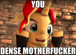 Size: 7472x5400 | Tagged: safe, artist:imafutureguitarhero, derpibooru import, sunset shimmer, pony, unicorn, 3d, absurd resolution, brick wall, bricks, bust, clothes, floppy ears, gunshow, hooves up, jacket, leather jacket, meme, open mouth, raised hooves, reaction image, solo, source filmmaker, syndrome, the anime club, the incredibles, vulgar, wall, wide eyes, you dense motherfucker