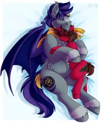 Size: 1640x2000 | Tagged: safe, artist:locosaltinc, derpibooru import, oc, oc:diomades, oc:grease lightning, unofficial characters only, bat pony, pony, unicorn, bed, chest fluff, clothes, cuddling, eyes closed, female, hug, male, mare, scarf, snuggling, stallion, wings