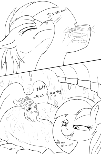 Size: 1500x2286 | Tagged: questionable, artist:ponythroat, derpibooru import, applejack, rainbow dash, earth pony, pegasus, pony, comic:failed lunch, comic, dialogue, drool, female, fetish, internal, looking at each other, mare, micro, missing accessory, monochrome, nasal vore, open mouth, preddash, rope, salivating, tied up, uvula, vore, x-ray