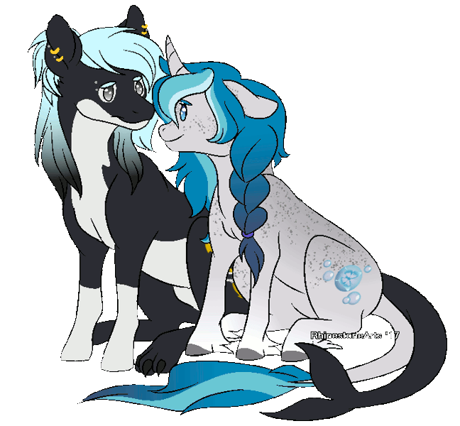 Size: 715x662 | Tagged: safe, artist:rhinestonearts, derpibooru import, oc, oc:bubble lee, oc:imago, oc:mako, unofficial characters only, orca pony, original species, unicorn, animated, body freckles, boop, couple, cute, female, freckles, gif, makolee, male, mare, noseboop, oc x oc, shipping, simple background, smiling, stallion, straight, transparent background