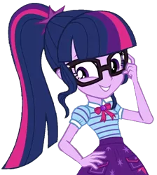 Size: 919x1027 | Tagged: safe, artist:thebar, derpibooru import, edit, edited screencap, screencap, sci-twi, twilight sparkle, equestria girls, equestria girls series, star crossed, background removed, bowtie, cute, female, geode of telekinesis, glasses, hand on hip, jewelry, not a vector, pendant, ponytail, simple background, smiling, solo, transparent background, twiabetes