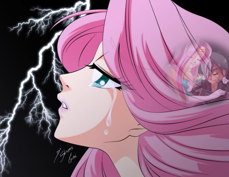 Size: 2786x2153 | Tagged: safe, artist:shinta-girl, derpibooru import, fluttershy, oc, human, equestria girls, couple, flash back, humanized, lightning, sad, sailor scout