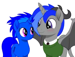 Size: 3741x2857 | Tagged: safe, artist:blue-vector, artist:derphed, derpibooru import, oc, oc:martin bluefire, oc:pony cultist, unofficial characters only, alicorn, bat pony, dracony, dragon, hybrid, alicorn oc, best friends, blushing, classy, clothes, crush, dragon unicorn, duo, elegant, female, male, necktie, shipping, simple background, stallion, straight, sweater, transparent background, unsure