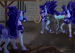 Size: 1125x787 | Tagged: safe, artist:bijutsuyoukai, derpibooru import, oc, bat pony, changeling, pony, armor, chains, execution, executioner, gallows, helmet, horseshoes, imminent death, implied hanging, mask, night guard, noose, shackles, tail wrap, this will end in death