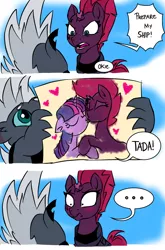 Size: 800x1214 | Tagged: safe, artist:emositecc, derpibooru import, fizzlepop berrytwist, grubber, tempest shadow, twilight sparkle, alicorn, pony, unicorn, my little pony: the movie, ..., blushing, broken horn, comedy, comic, cute, dialogue, drawing, eye scar, eyes closed, female, floppy ears, frown, glare, grubber the shipper, heart, holding hooves, kissing, lesbian, mare, missing the point, misunderstanding, open mouth, pun, scar, shipper on deck, shipping, speech bubble, stars, tempestlight, visual pun, wide eyes