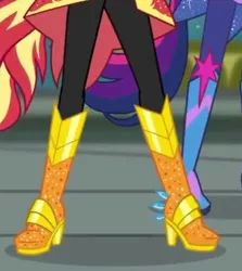 Size: 387x433 | Tagged: safe, derpibooru import, screencap, sci-twi, sunset shimmer, twilight sparkle, equestria girls, equestria girls series, super squad goals, boots, cropped, crystal guardian, high heel boots, legs, pictures of legs, shoes