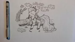 Size: 900x505 | Tagged: safe, artist:hirundoarvensis, derpibooru import, oc, oc:willow, unofficial characters only, duck, original species, pond pony, eyes closed, female, mare, monochrome, raised hoof, solo, traditional art, tree