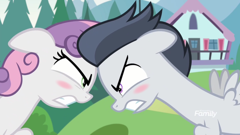 Size: 1920x1080 | Tagged: safe, derpibooru import, edit, edited screencap, screencap, rumble, sweetie belle, pegasus, pony, marks and recreation, angry, argument, blushing, camp friendship, colt, discovery family logo, female, gritted teeth, male, rumbelle, shipping, straight