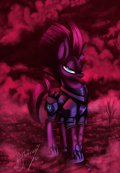 Size: 1039x1500 | Tagged: safe, artist:shivannie, derpibooru import, tempest shadow, pony, unicorn, my little pony: the movie, armor, broken horn, female, looking at you, mare, signature, solo