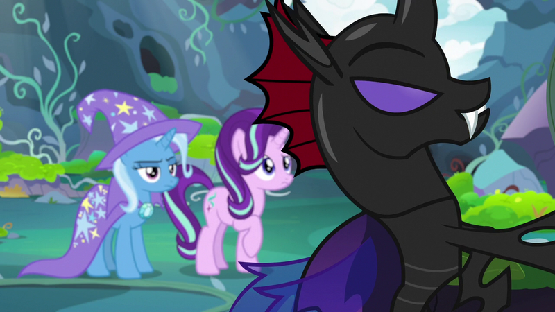 Size: 1280x720 | Tagged: safe, derpibooru import, screencap, pharynx, starlight glimmer, trixie, changeling, to change a changeling