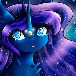 Size: 900x900 | Tagged: safe, artist:niniibear, derpibooru import, princess luna, alicorn, blue, bust, cute, fluffy, lunabetes, moon, portrait, purple, solo, sparkles, starry eyes, wingding eyes