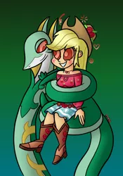 Size: 740x1060 | Tagged: safe, artist:snakeythingy, derpibooru import, applejack, serperior, snake, equestria girls, legend of everfree, blushing, camp fashion show outfit, coils, crossover, gradient background, kaa eyes, looking at each other, mind control, pokémon, story included