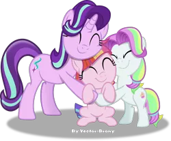 Size: 4208x3487 | Tagged: safe, artist:vector-brony, derpibooru import, coconut cream, starlight glimmer, toola roola, earth pony, pony, unicorn, fame and misfortune, absurd resolution, cute, eyes closed, female, filly, glimmerbetes, hug, mare, simple background, smiling, transparent background, vector