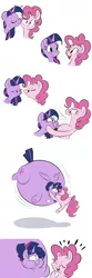 Size: 2800x8434 | Tagged: safe, artist:anonopony, derpibooru import, pinkie pie, twilight sparkle, twilight sparkle (alicorn), alicorn, earth pony, pony, air inflation, bedroom eyes, comic, cute, eyes closed, female, inflation, kiss inflation, kissing, lesbian, mare, open mouth, pinkie being pinkie, puffkiss, shipping, shrunken pupils, simple background, twinkie, white background