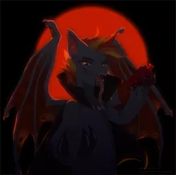 Size: 1887x1872 | Tagged: semi-grimdark, artist:dagmell, derpibooru import, oc, unofficial characters only, bat pony, dracony, hybrid, vampire, bat pony oc, blood, blood moon, claws, ear fluff, esh starfire, heart, moon, solo, tongue out