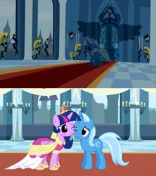 Size: 1188x1338 | Tagged: alicorn, artist:navitaserussirus, big crown thingy, blushing, clothes, coronation dress, cute, derpibooru import, dress, edit, female, jewelry, lesbian, magical mystery cure, regalia, safe, shipping, trixie, twilight sparkle, twilight sparkle (alicorn), twixie