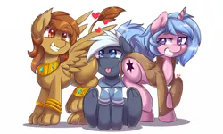 Size: 1000x600 | Tagged: suggestive, artist:tikrs007, derpibooru import, oc, oc:beat, oc:cleo, oc:safiya, unofficial characters only, earth pony, pony, sphinx, unicorn, bump, clothes, faceful of ass, female, flank, heart, hoodie, jacket, male, mare, plot sandwich, raised tail, sphinx oc, stallion, tail, tongue out, trio