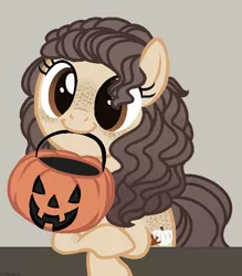 Size: 630x720 | Tagged: safe, artist:pgthehomicidalmaniac, derpibooru import, oc, oc:lumina, unofficial characters only, earth pony, pony, base used, female, hair over one eye, halloween, holiday, jack-o-lantern, looking at you, mare, pumpkin, pumpkin bucket, simple background, solo, to saddlebags and back again