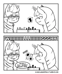 Size: 1859x2216 | Tagged: safe, artist:raph13th, derpibooru import, moondancer, twilight sparkle, pony, unicorn, comic:glim glam and pals, 2 panel comic, black and white, chess, comic, dialogue, duo, grayscale, levitation, magic, monochrome, offscreen character, screaming, smiling, telekinesis, tumblr