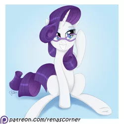 Size: 2000x2000 | Tagged: safe, artist:puggie, derpibooru import, rarity, pony, unicorn, glasses, grin, patreon, patreon logo, patreon reward, simple background, smiling, solo