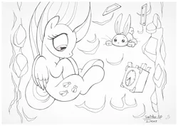 Size: 1073x759 | Tagged: safe, artist:sherwoodwhisper, derpibooru import, angel bunny, fluttershy, pegasus, pony, clock, duo, falling, folded wings, freefall, hooves to the chest, ink, inktober, inktober 2017, lineart, looking down, monochrome, playing card, rabbit hole, traditional art