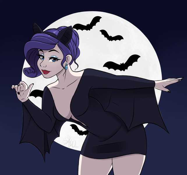 Size: 2485x2321 | Tagged: safe, artist:fairdahlia, derpibooru import, rarity, bat, bat pony, human, absolute cleavage, breasts, cleavage, clothes, costume, elvira, female, full moon, halloween, holiday, humanized, lipstick, looking at you, moon, night, race swap, raribat, smiling, solo