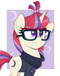 Size: 800x1000 | Tagged: dead source, safe, artist:higgly-chan, artist:pastelhorses, derpibooru import, moondancer, pony, unicorn, clothes, collaboration, female, glasses, mare, solo, sweater