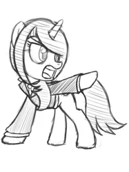 Size: 1280x1707 | Tagged: safe, artist:thealjavis, derpibooru import, oc, oc:sonata, unofficial characters only, pony, unicorn, female, mare, monochrome, objection, sketch, solo, turnabout storm