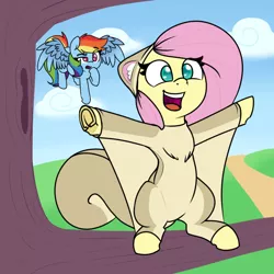 Size: 1000x1000 | Tagged: safe, artist:lockheart, derpibooru import, fluttershy, rainbow dash, flying squirrel, pegasus, pony, animal costume, clothes, colored pupils, confused, costume, cute, duo, female, flying, frog (hoof), frown, happy, mare, nuttershy, open mouth, raised eyebrow, shyabetes, sitting, smiling, spread wings, sweet dreams fuel, thinking, tree, tree branch, underhoof, wings, wingsuit