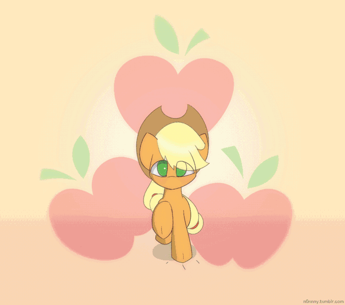 Size: 1000x883 | Tagged: safe, artist:n0nnny, derpibooru import, edit, part of a set, applejack, pony, animated, blushing, coming at you, cute, cutie mark background, daaaaaaaaaaaw, female, frame by frame, gif, glomp, happy, happy birthday mlp:fim, hug, incoming hug, it's coming right at us, jackabetes, looking at you, mlp fim's seventh anniversary, n0nnny is trying to murder us, n0nnny's run and hug, offscreen character, open mouth, pov, running, solo, weapons-grade cute