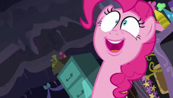 Size: 480x270 | Tagged: animated, derpibooru import, faic, gif, going crazy, laughing, party cave, pinkie pie, safe, screencap, secrets and pies, solo