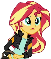 Size: 606x700 | Tagged: safe, artist:fella, derpibooru import, sunset shimmer, equestria girls, friendship games, bag, clothes, female, jacket, leather jacket, simple background, solo, transparent background, worried