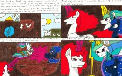 Size: 3291x2058 | Tagged: alicorn, artist:eternaljonathan, beam, boom, comic, comic:a new twist, derpibooru import, fight, oc, oc:veneris, princess celestia, princess luna, royal sisters, safe, shovel, traditional art