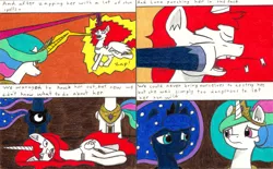 Size: 3286x2036 | Tagged: safe, artist:eternaljonathan, derpibooru import, princess celestia, princess luna, oc, oc:veneris, alicorn, pony, comic:a new twist, beam, comic, defeat, fight, punch, traditional art, zap