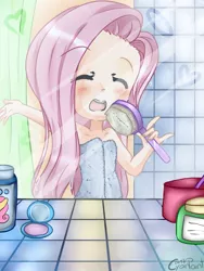 Size: 1200x1600 | Tagged: artist:wolfchen999, bare shoulders, bathroom, bathtowel, cute, derpibooru import, eyes closed, female, fluttershy, hairbrush, human, humanized, mirror, reflection, safe, shyabetes, singing, solo, towel